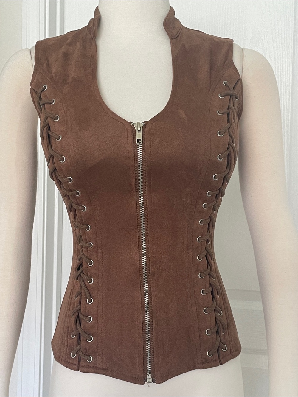 Lydia Brown Faux Suede Lace-Up Zip Front Women's Vest Small